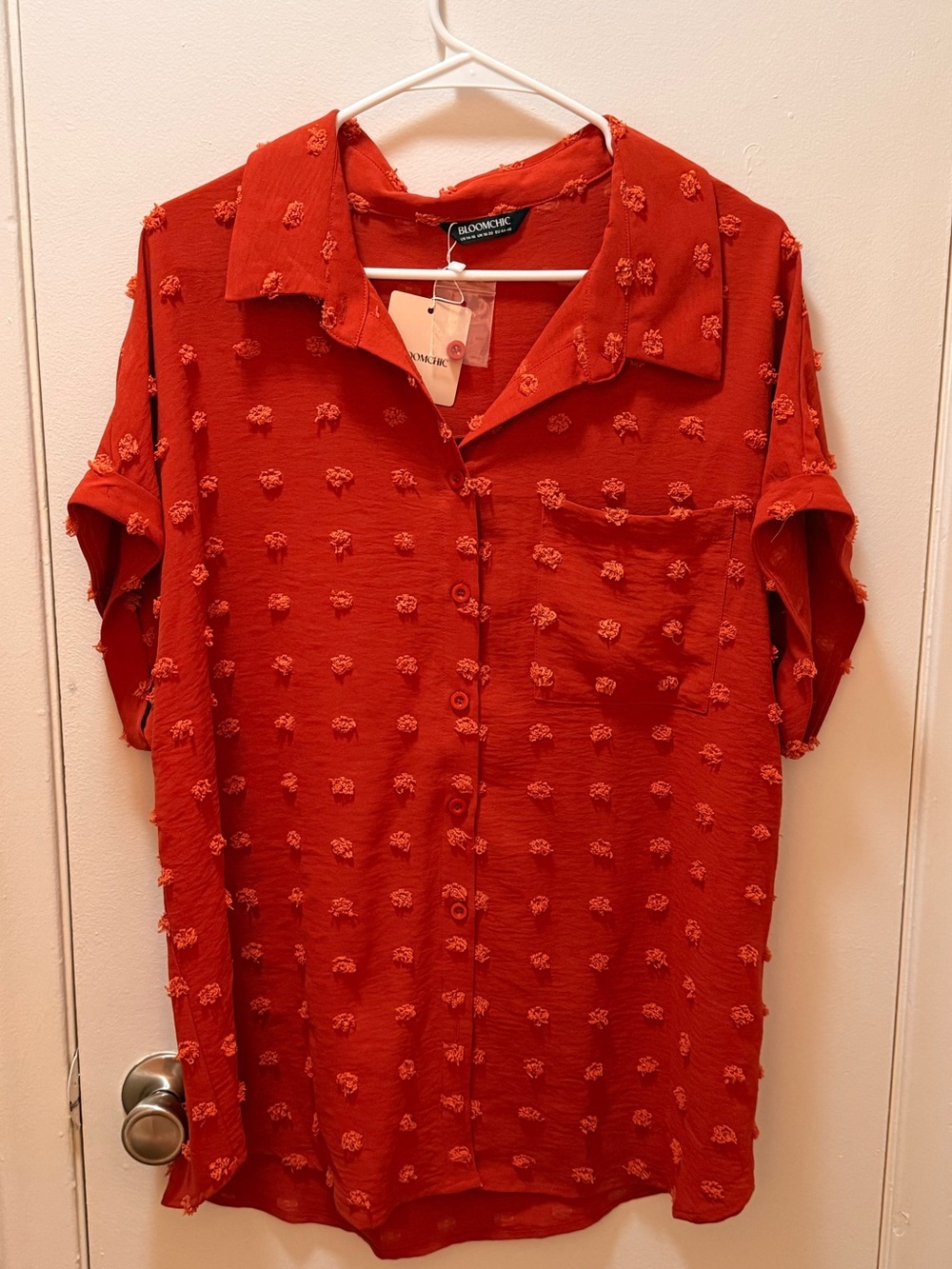 BloomChic Orange Short-Sleeve Textured Button-Down Shirt